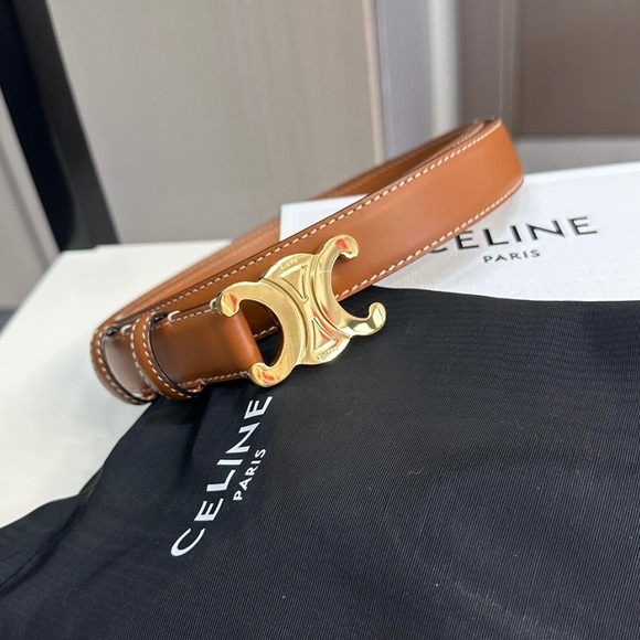 Celine Tan Leather Belt with Gold Emblem - Picture 1 of 5